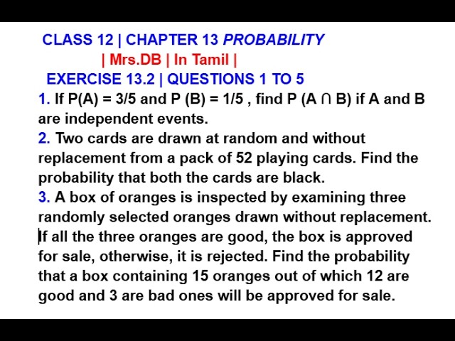CLASS 12 | CH 13 PROBABILITY | EXERCISE 13.2 QUESTIONS 1 TO 5 | In Tamil |