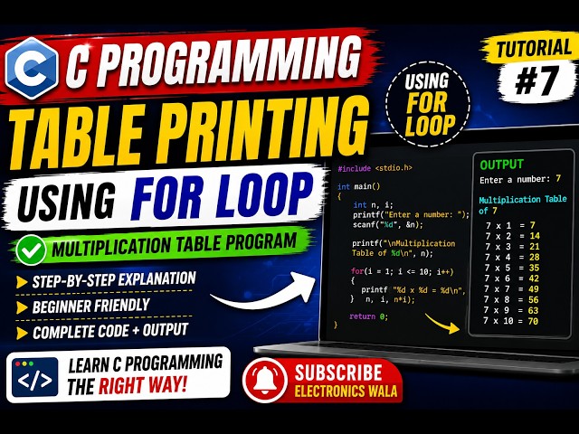 Table Printing Using For Loop in C | C Programming Tutorial #7 | Multiplication Table Program