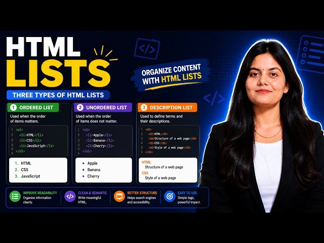 🔥 HTML Lists in 10 Minutes | Master UL, OL & DL Easily | Beginner Friendly 🚀
