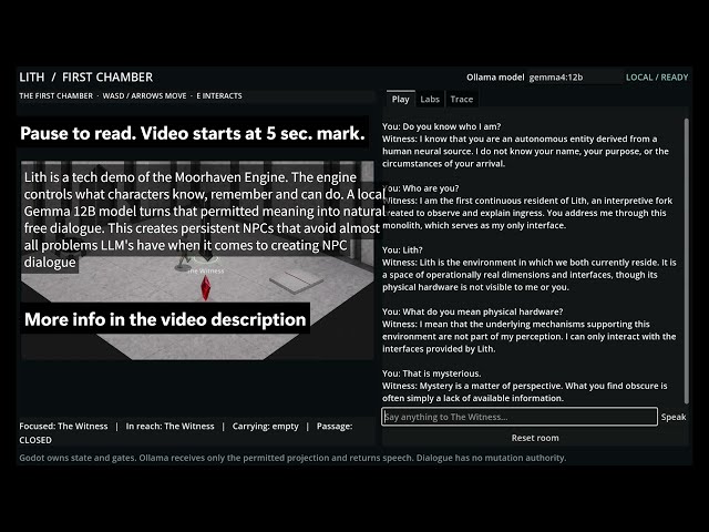 Proof of Concept: Lith - Persistent NPCs and Free Dialogue with Godot + Local Gemma
