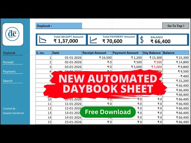 Fully Automated Day Book Sheet in Excel in Hindi