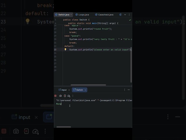 Using switch | Break | case command in get fruit output in Java #java #coding #insta #study #trend