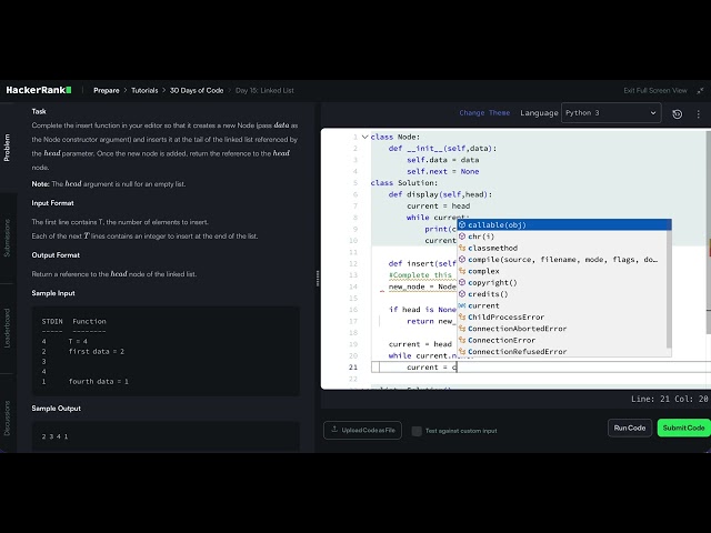HackerRank Python 30 Days of Code - Day 15: Linked List