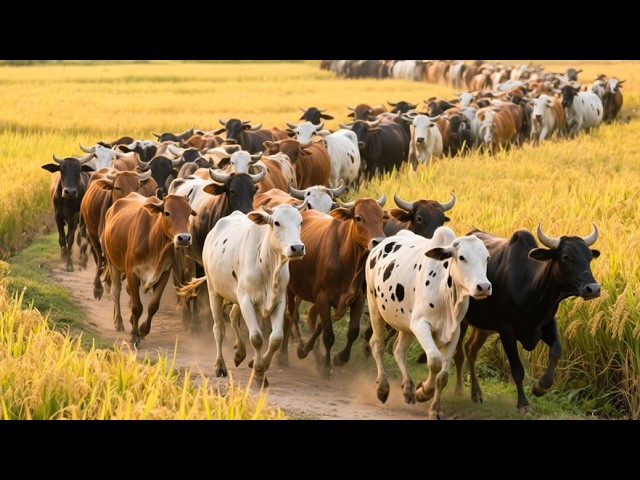 Cows graze in the golden ripe rice fields - Cow mooing - Video of cows