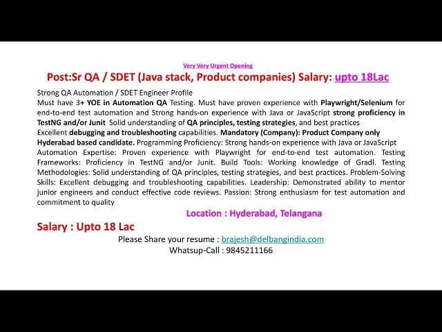 QA SDET Java stack, Product companies