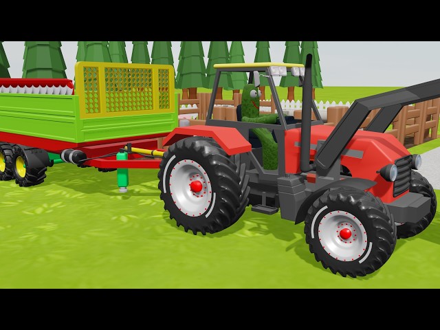 Red Tractor with a Cactus Inside and Cleaning Up After Pigs - Colorful Farm and Vehicles for Kids