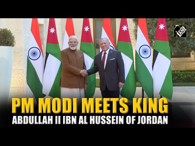 Jordanian King Abdullah II bin Al Hussein welcomes PM Modi at the Husseiniya Palace in Amman