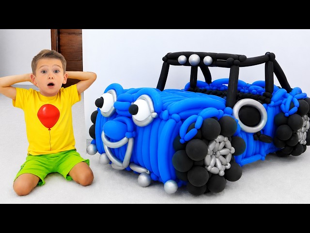 Niños montan coches de juguete hechos con globos - ¡Divertida aventura en el taller de coches!