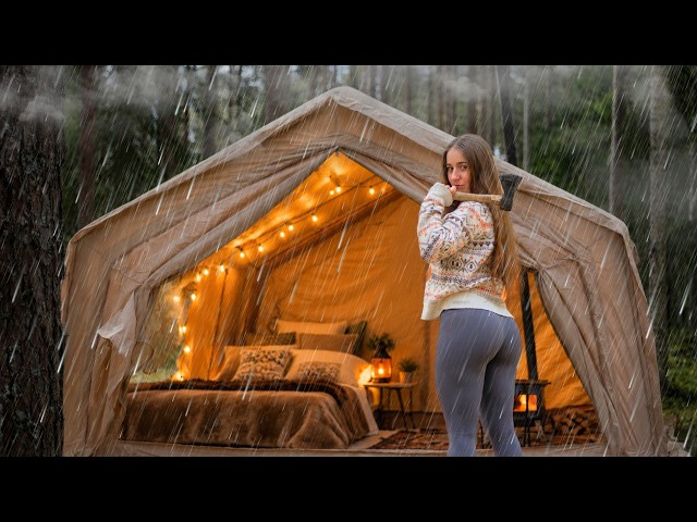 🌧️ 2 Days Solo Camping in Heavy Rain with My Dog | Cozy Tent, Wood Stove & Fishing ASMR