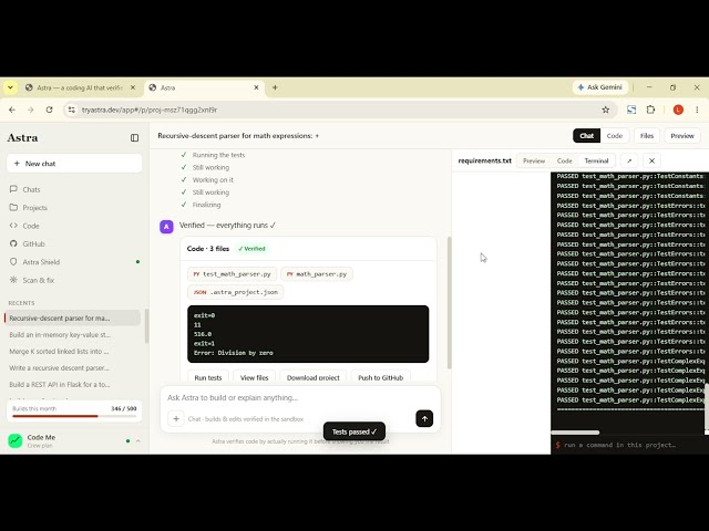 Astra builds a recursive-descent math parser with real error handling