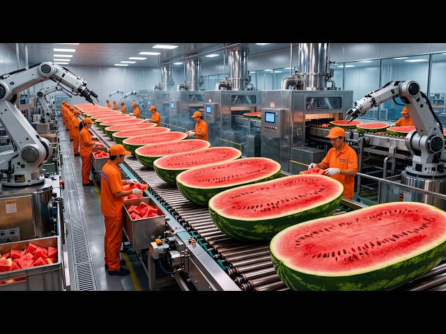 Inside a Modern Watermelon Processing Plant: From Whole Melons to Sweet Red Juice | Full Process