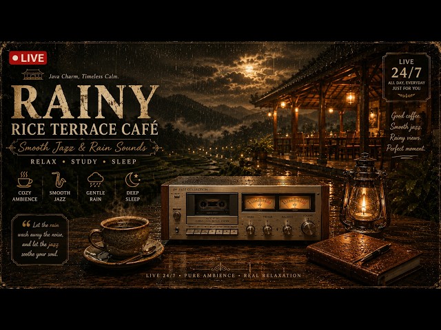 ☕ Luxury Rainy Rice Terrace Café | Smooth Jazz & Rain Sounds for Relaxing, Study & Sleep • 24/7 LIVE