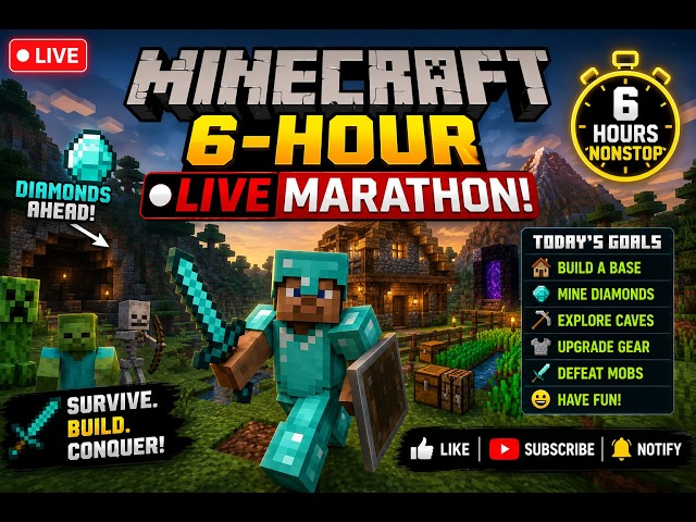 🔴 Minecraft LIVE 6 Hours Nonstop | Building the Ultimate Survival Base! ⛏️🏡