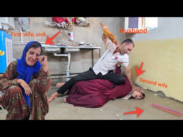 husband's attack and anger at second wife for her bad behavior that caused the first wife's absence.