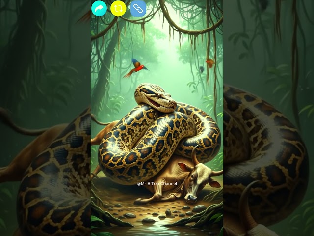 A massive, python with intricate its tightly around a struggling wild cow near a muddy​ #ai #gimini