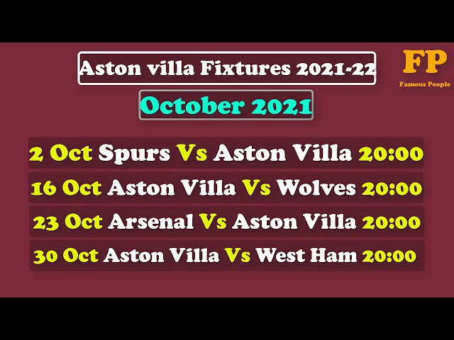 Aston villa 2021/22 Fixtures, Aston villa Fixtures 2021/2022, Premier League Club Aston villa