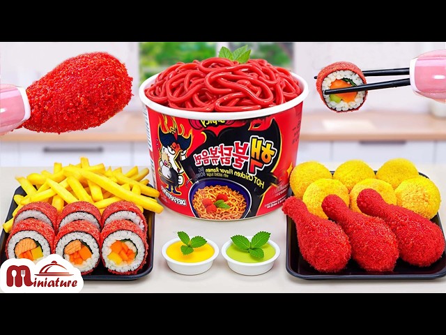 Best Combo Food 🤤 How To Make Mini Fried Chicken With Spicy Buldak Noodles & French Fries & Kimbap
