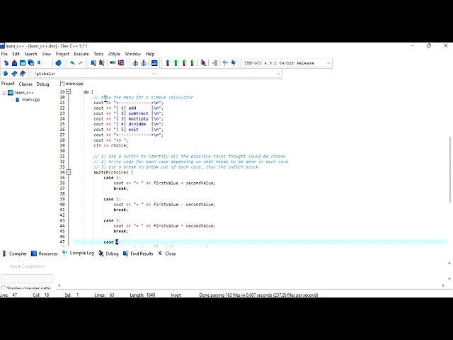 C++ 40: Choose a menu option using a switch statement with numbers for its cases.