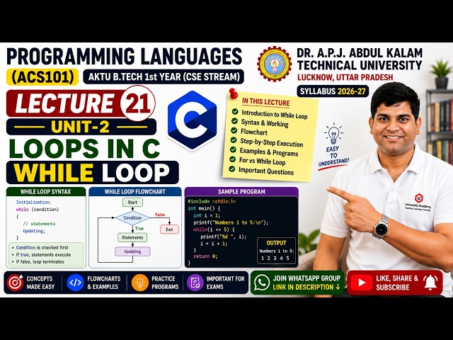 Programming Languages (ACS101) | While Loop in C | Unit 2: Loops in C | Lecture 21 |  AKTU