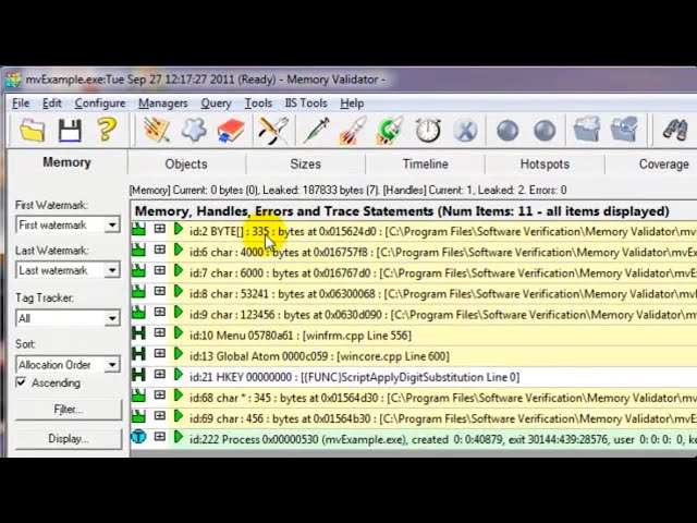 Memory Validator - collecting memory allocations in a particular size range