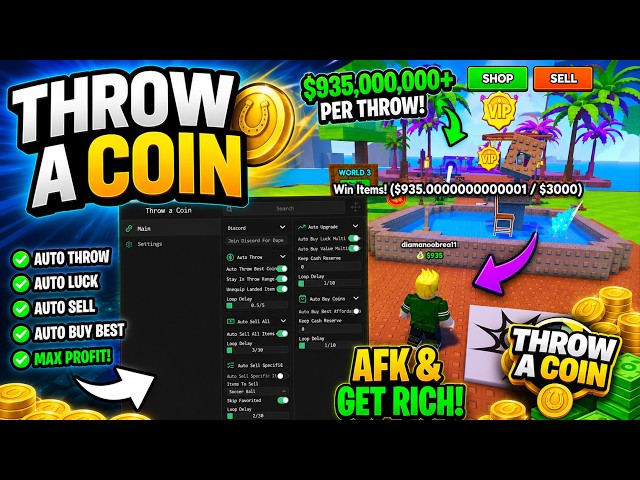 [NEW] THROW A COIN SCRIPT (AUTO BEST COIN, AUTO LUCK, AUTO SELL AND MORE) (NO KEY!!)