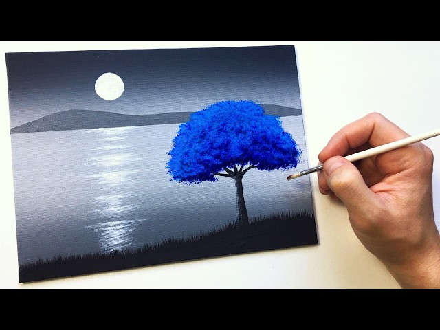 Easy Blue Tree in the Moonlight | Acrylic Painting Tutorial for Beginners