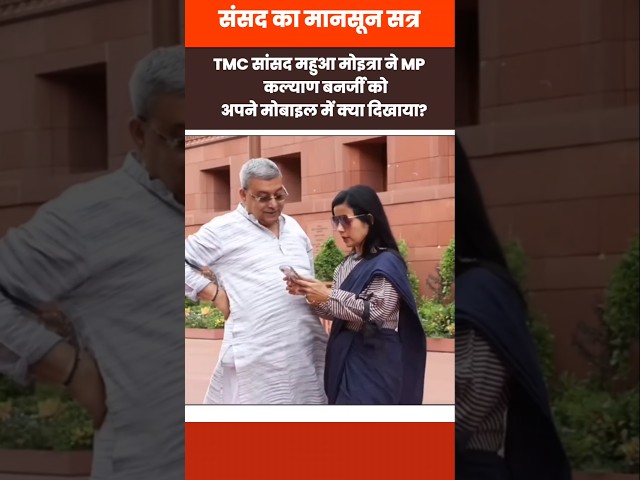 TMC MP Mahua Moitra and Kalyan Banerjee in Parliament Campus during the monsoon session.