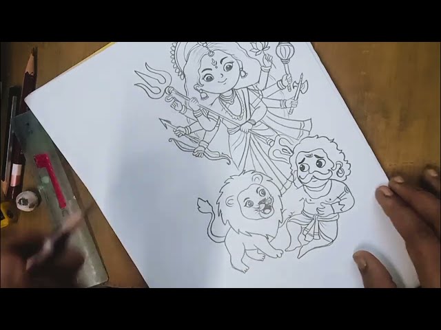 Mata Rani drawing step by step | Cute Maa Durga Ji Drawing | Mata Rani and Lion Drawing 