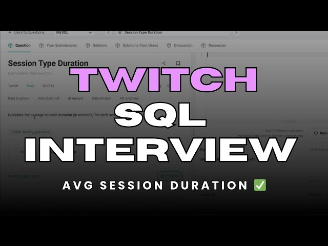 Twitch SQL Interview: Calculate Average Session Duration by Type | SQL TIMESTAMP & AVG() Tutorial