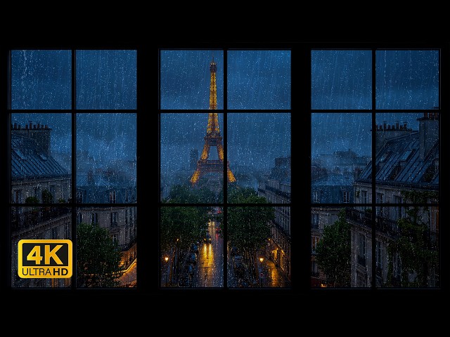 4K Rainy Window View in Paris 🌧️ Eiffel Tower Night Ambience & Rain Sounds, Thunder for Sleep, Study
