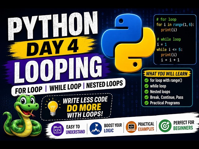 🐍 Python Day 4 | Loops in Python | For Loop, While Loop & Range() | Complete Beginner Class