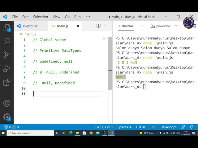 JavaScript Node JS dasturlash tili. 4-dars. Ma'lumot turlari