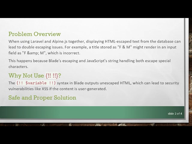 How to Properly Escape Text in Alpine.js and Laravel