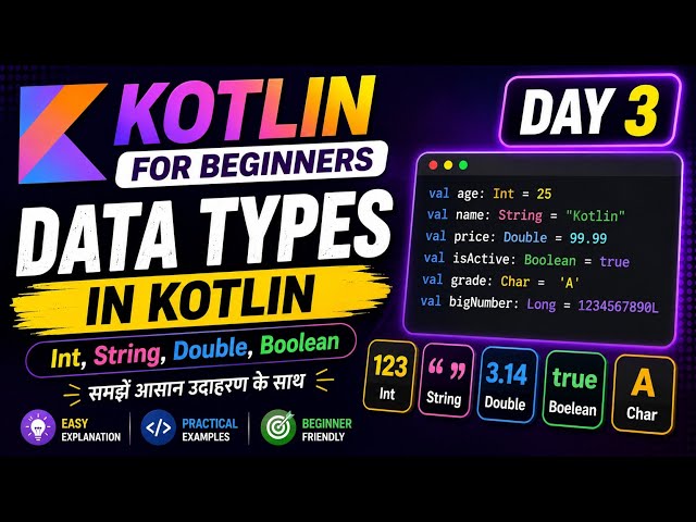 Kotlin Data Types Explained in Hindi | Int, String, Double, Boolean | Kotlin for Beginners Day 3