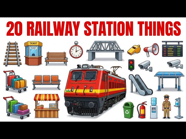 20 Railway Station Things 🚉 | Learn Train Station Objects for Kids | Railway Vocabulary in English