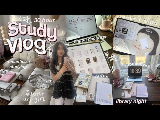✧˚30 hour STUDY VLOG 🩰🪽productive week, library nights + aesthetic notes (romanticising school/uni)