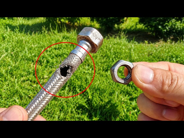Repairing a pipe with a bolt. A unique way to fix a pipe.