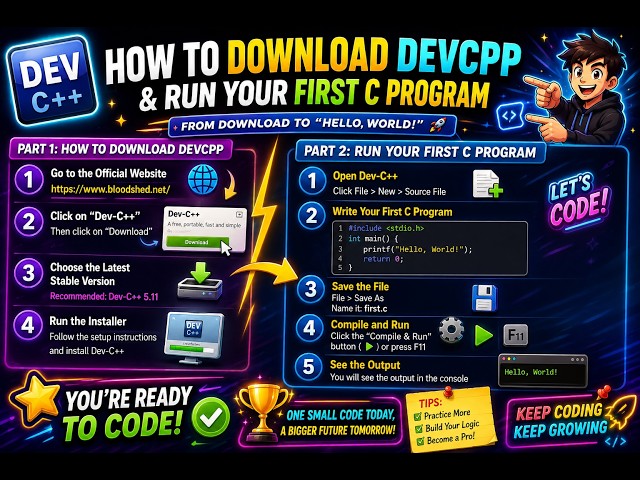 👉 How to Download Dev-C++ and Run Your First C Program | Complete Beginner Tutorial