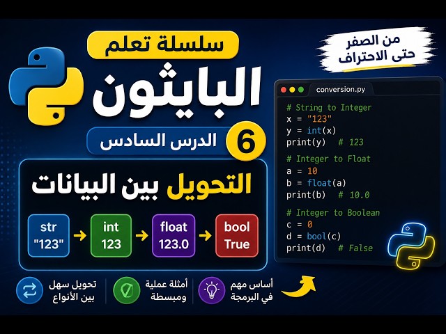 🐍 تعلم Python للمبتدئين | الدرس السادس: التحويل بين أنواع البيانات (Type Casting)