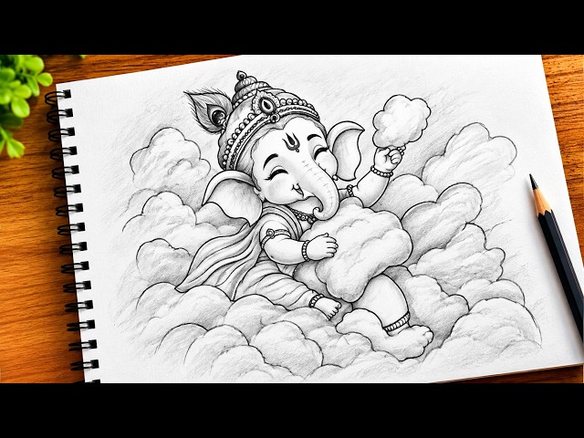 🙏 Lord Ganesha with Clouds | Simple Step by Step Pencil Sketch