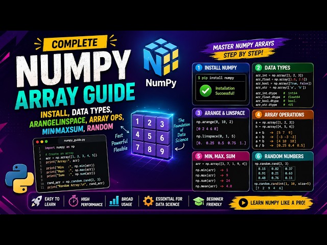 Complete NumPy Array Guide: Install, Data Types, arangelinspace, Array Ops, MinMaxSum, Random