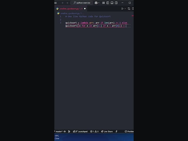 One Liner Python code for Quicksort🤯 #quicksort #algorithm #sorting #python