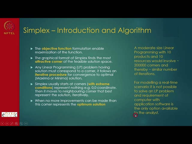 Week 8 : Lecture 37 : Operations Research in RCOM - Simplex Method - Part I