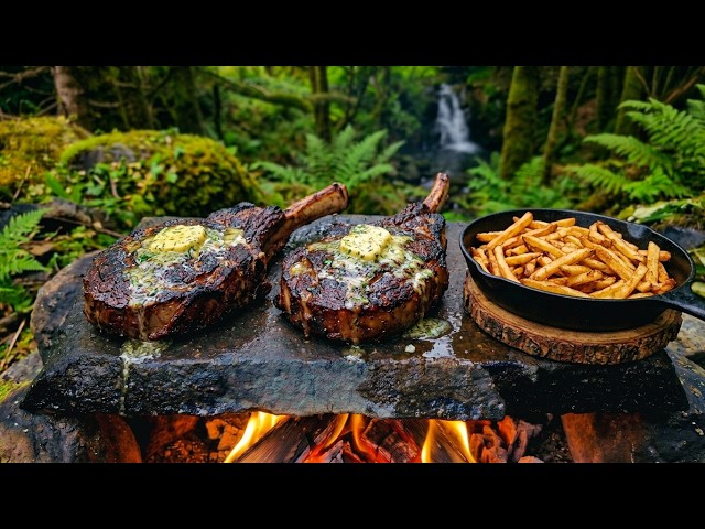 Cooking Tomahawk STEAK on HOT Stone with Cowboy Butter & Fries