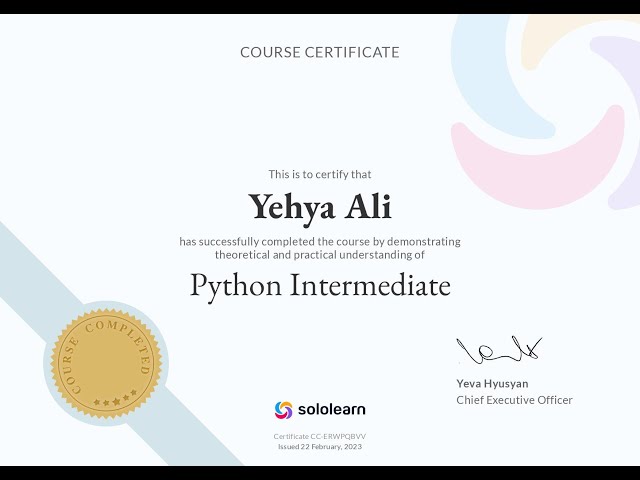 Sololearn Certificates | Python Intermediate #2