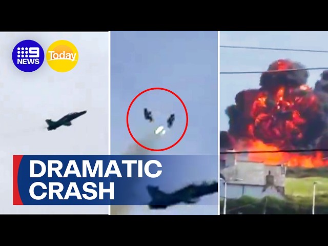 Incredible escape after RAF jet dramatically bursts into flames | 9 News Australia