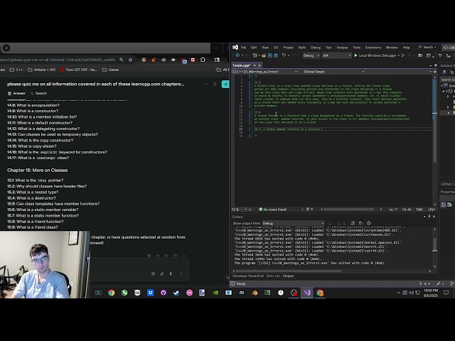 raw c++ learning, friend classes, friend member and non-member functions, self-test