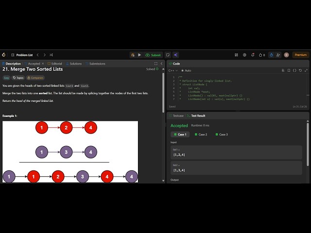 Merge Two sorted linked lists (LEETCODE 21)