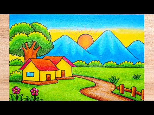 How to Draw an Easy and Beautiful Village Scenery for Beginners | Simple House Drawing Step by Step