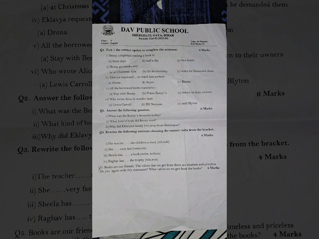 DAV Class 5 English Question paper of PT-2 2023-24 #shorts